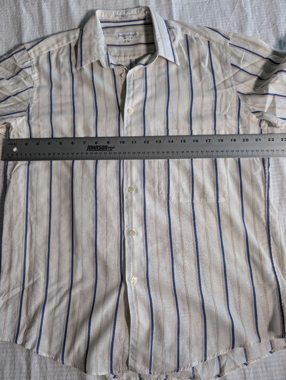Vintage YSL Yves Saint Laurent Linen Cream Shirt with Blue & Tan Stripes - Picture 6 of 10